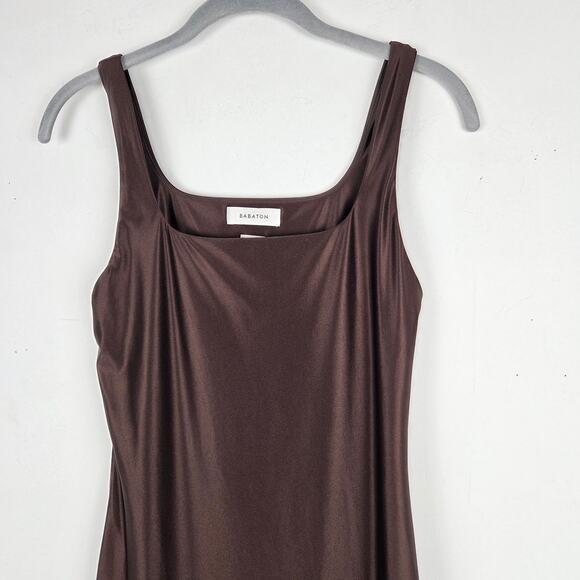 Aritzia Babaton Rich Mocha Brown Satinette Squareneck Mini Dress Sz S Bodycon - Picture 2 of 7